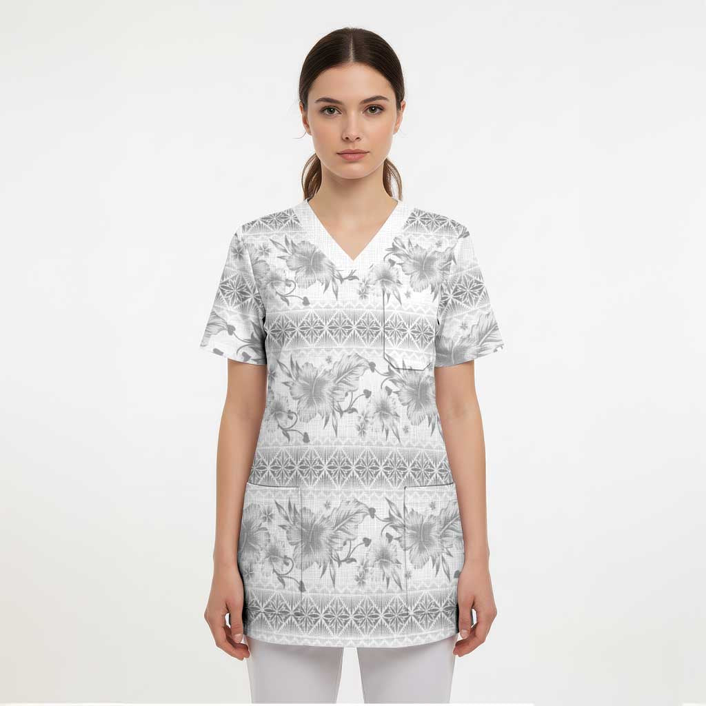 Samoa White Sunday Scrub Top Samoan Tapa White Hibiscus - Polynesian Pride