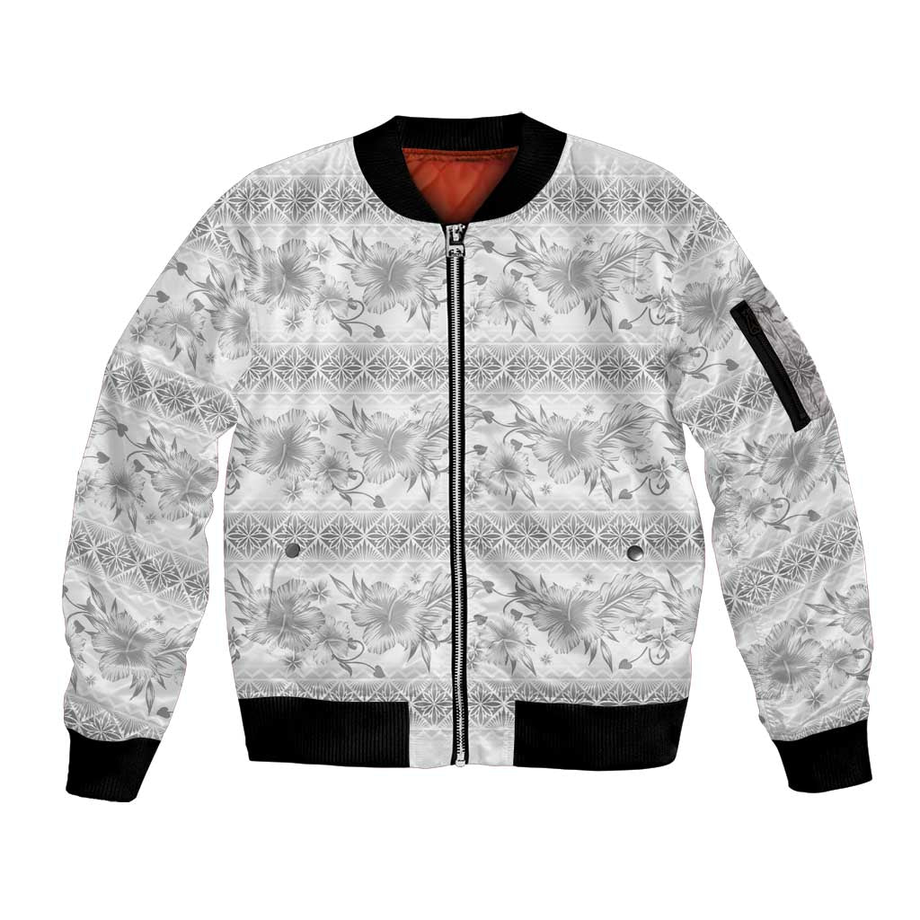 Samoa White Sunday Sleeve Zip Bomber Jacket Samoan Tapa White Hibiscus - Polynesian Pride