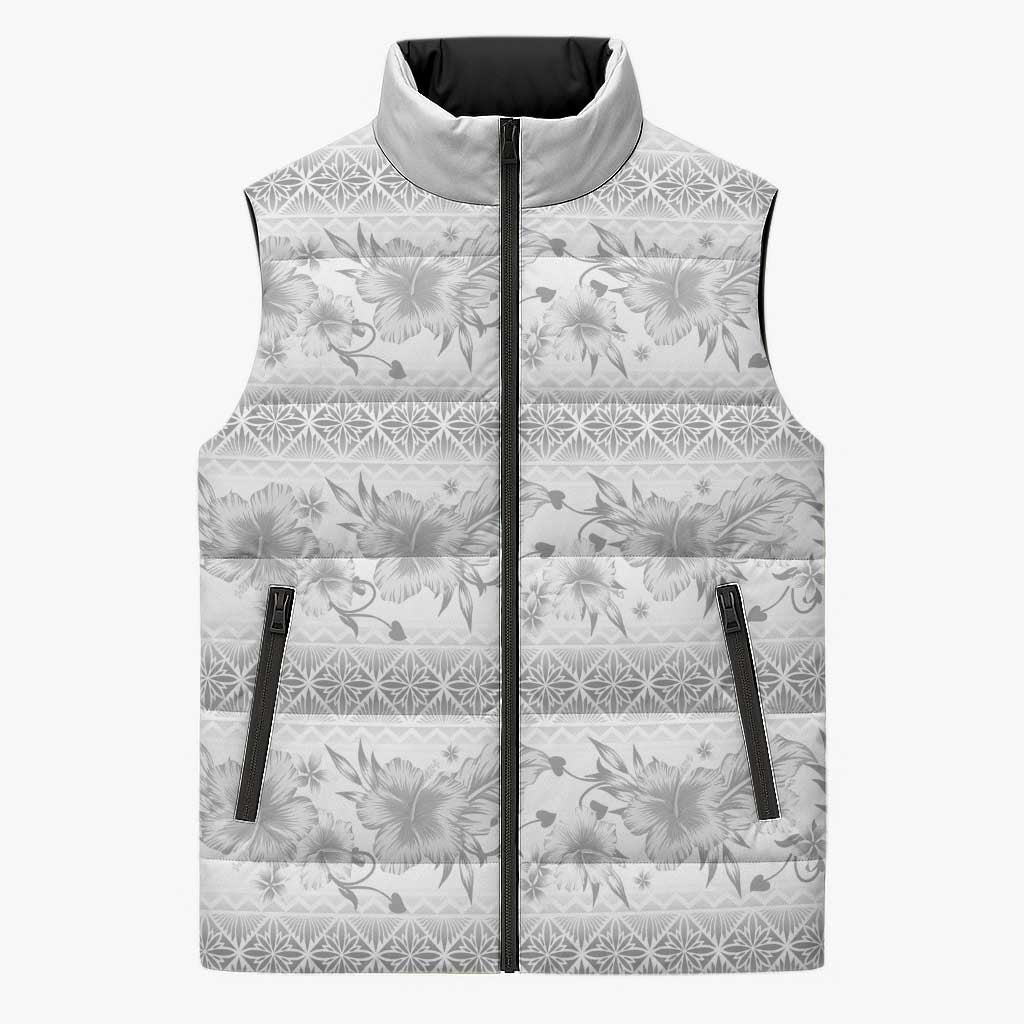Samoa White Sunday Sleeveless Puffer Jacket Samoan Tapa White Hibiscus - Polynesian Pride