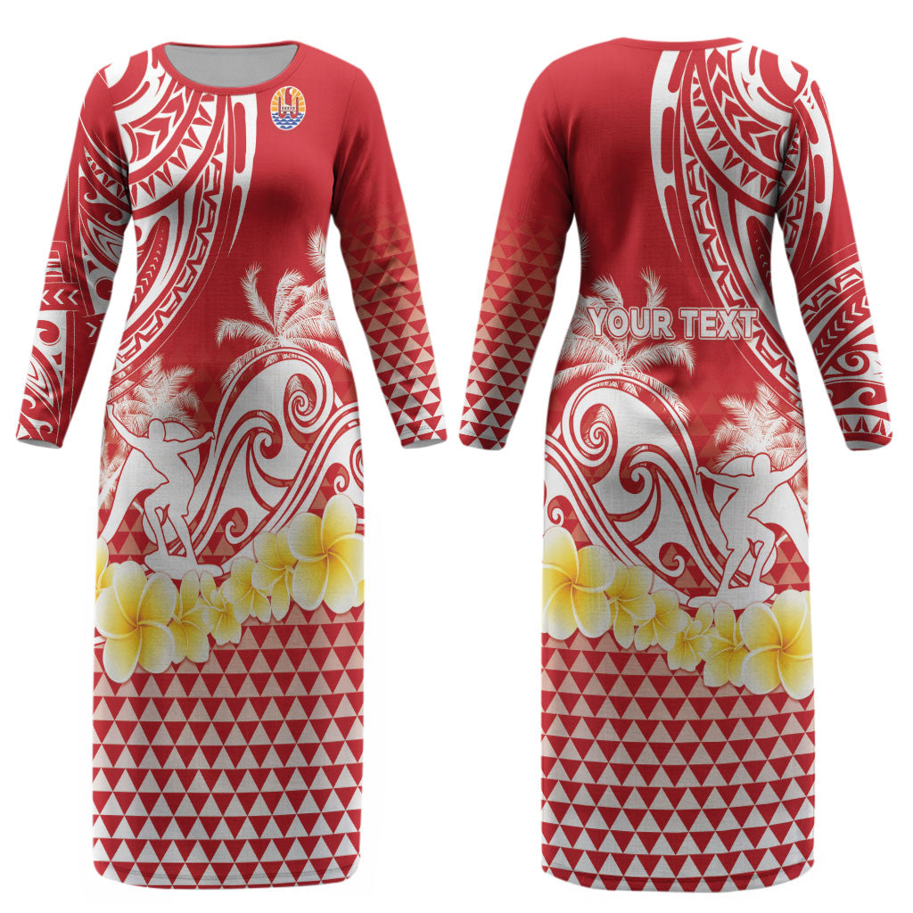 Personalised Tahiti Surfing Couples Matching Long Sleeve Bodycon Dress and Hawaiian Shirt Polynesian Style LT05 - Polynesian Pride