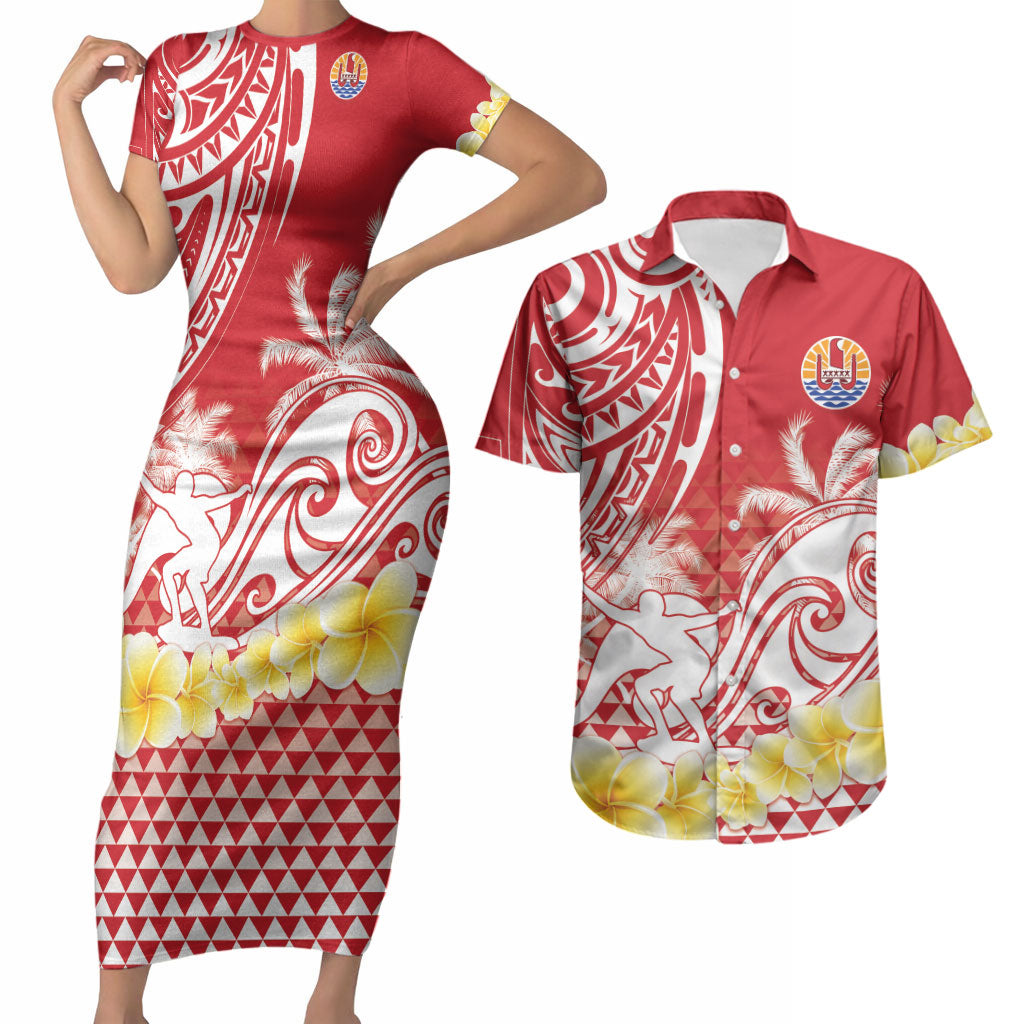 Personalised Tahiti Surfing Couples Matching Short Sleeve Bodycon Dress and Hawaiian Shirt Polynesian Style LT05 Red - Polynesian Pride