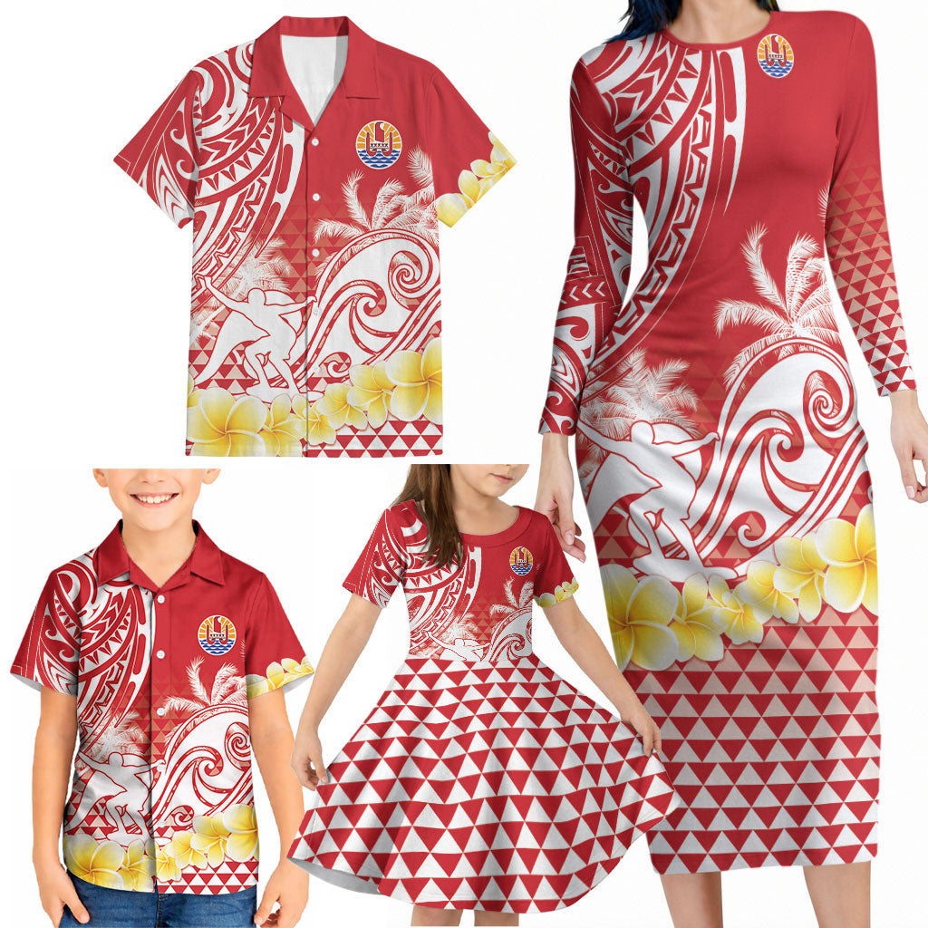 Personalised Tahiti Surfing Family Matching Long Sleeve Bodycon Dress and Hawaiian Shirt Polynesian Style LT05 - Polynesian Pride