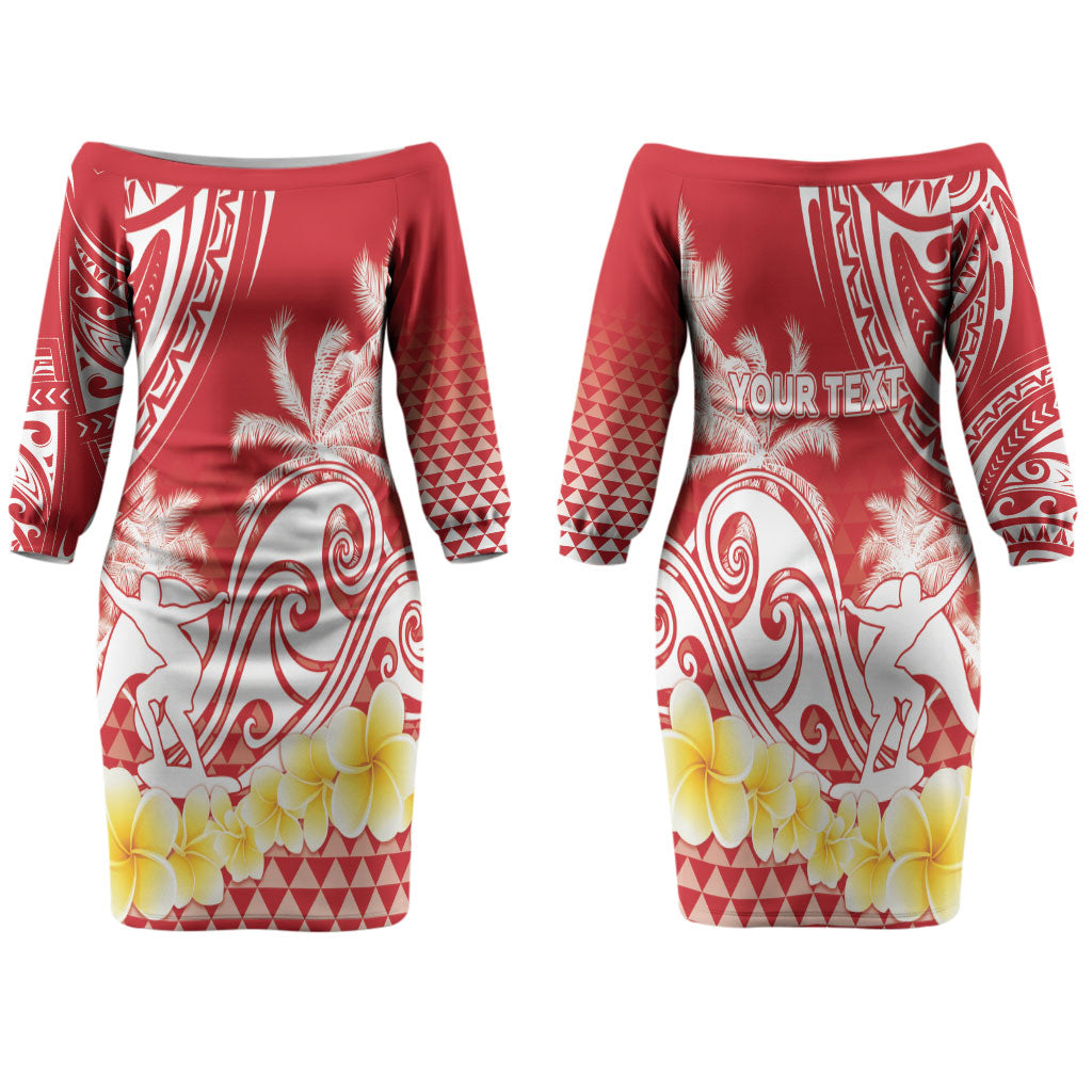 Personalised Tahiti Surfing Family Matching Off The Shoulder Long Sleeve Dress and Hawaiian Shirt Polynesian Style LT05 Mom's Dress Red - Polynesian Pride