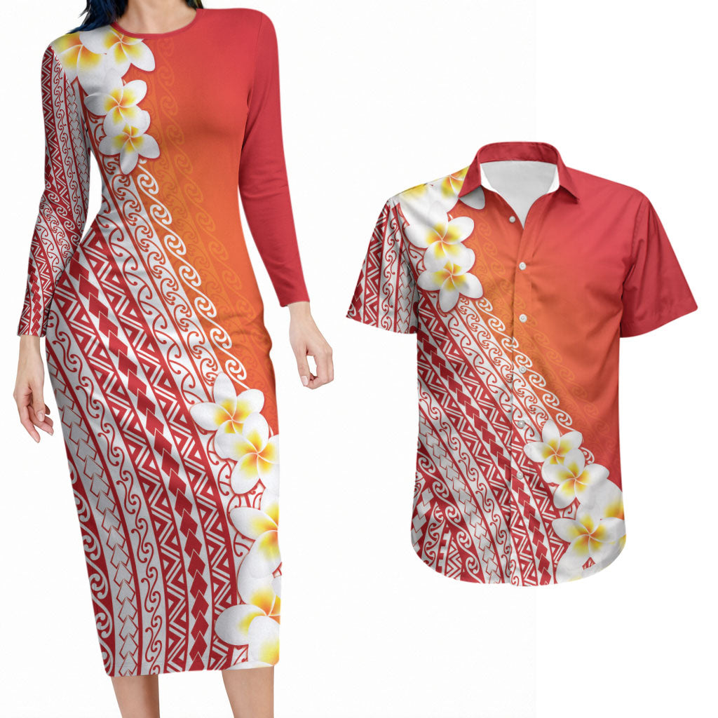 Tahiti Plumeria Tribal Pattern Couples Matching Long Sleeve Bodycon Dress and Hawaiian Shirt Wave Style Red LT05 Red - Polynesian Pride