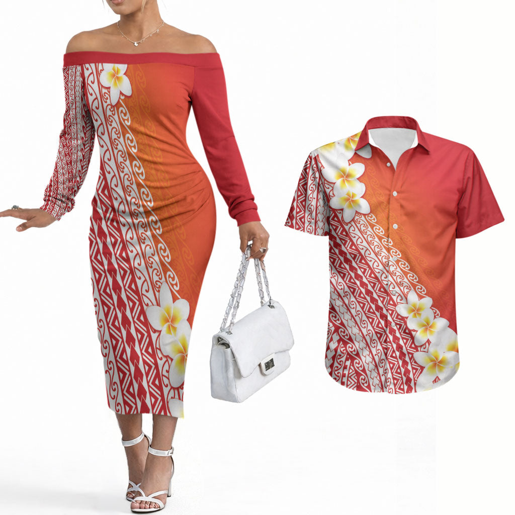 Tahiti Plumeria Tribal Pattern Couples Matching Off The Shoulder Long Sleeve Dress and Hawaiian Shirt Wave Style Red LT05 Red - Polynesian Pride