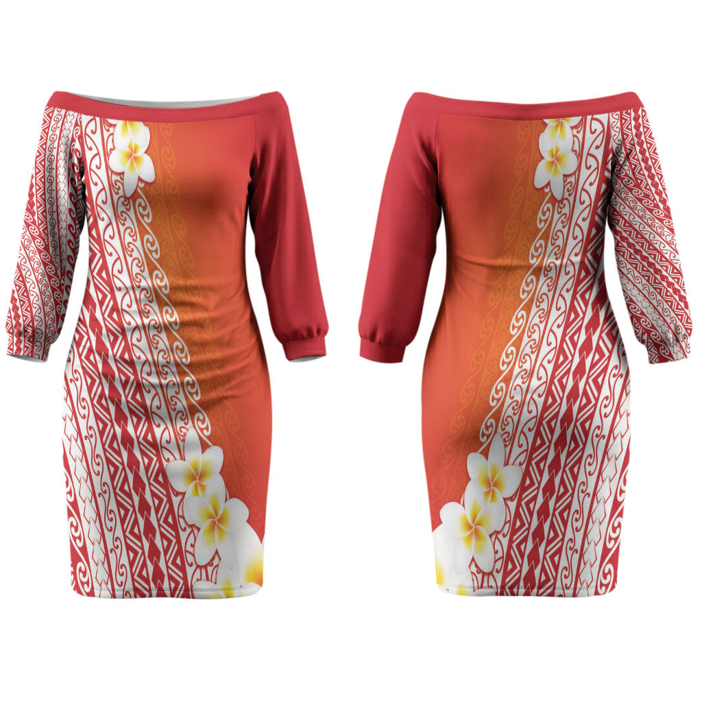 Tahiti Plumeria Tribal Pattern Couples Matching Off The Shoulder Long Sleeve Dress and Hawaiian Shirt Wave Style Red LT05 - Polynesian Pride