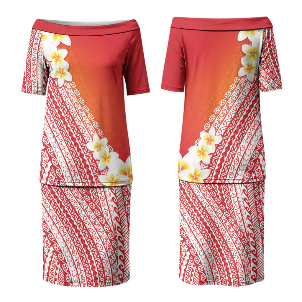 Tahiti Plumeria Tribal Pattern Couples Matching Puletasi and Hawaiian Shirt Wave Style Red LT05 - Polynesian Pride