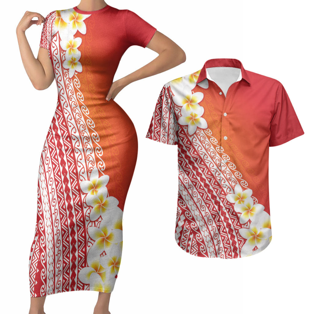 Tahiti Plumeria Tribal Pattern Couples Matching Short Sleeve Bodycon Dress and Hawaiian Shirt Wave Style Red LT05 Red - Polynesian Pride