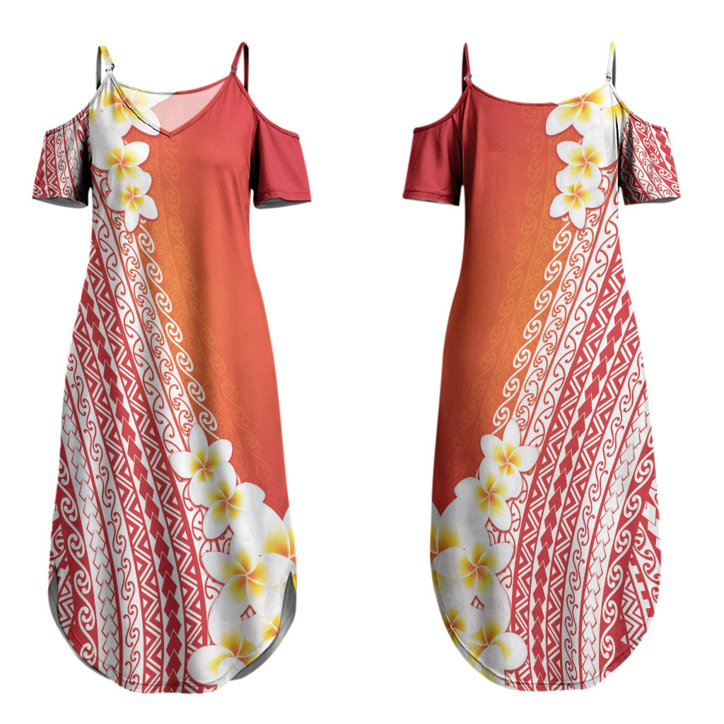 Tahiti Plumeria Tribal Pattern Couples Matching Summer Maxi Dress and Long Sleeve Button Shirt Wave Style Red LT05 - Polynesian Pride