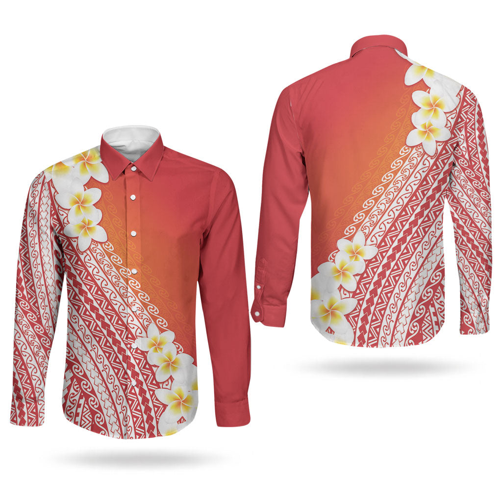 Tahiti Plumeria Tribal Pattern Couples Matching Tank Maxi Dress and Long Sleeve Button Shirt Wave Style Red LT05 - Polynesian Pride