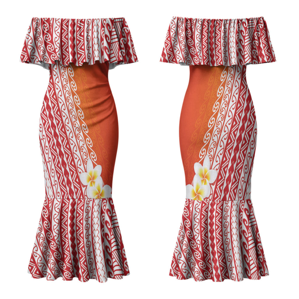 Tahiti Plumeria Tribal Pattern Family Matching Mermaid Dress and Hawaiian Shirt Wave Style Red LT05 Mom's Dress Red - Polynesian Pride