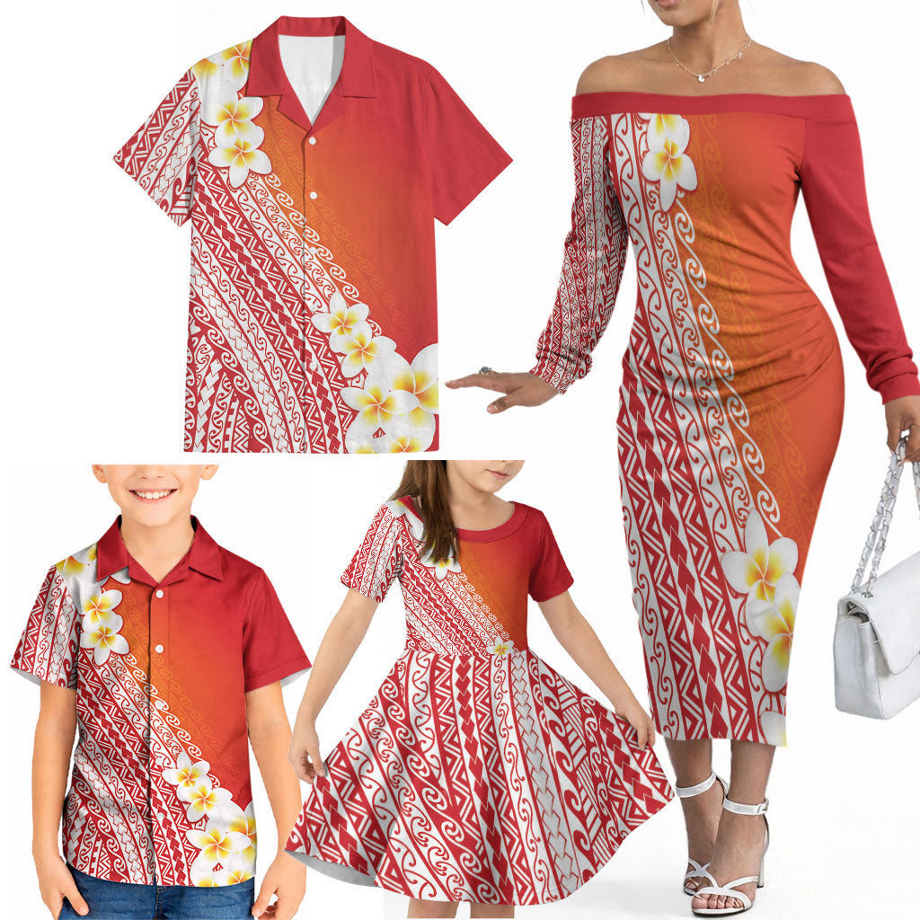 Tahiti Plumeria Tribal Pattern Family Matching Off The Shoulder Long Sleeve Dress and Hawaiian Shirt Wave Style Red LT05 - Polynesian Pride