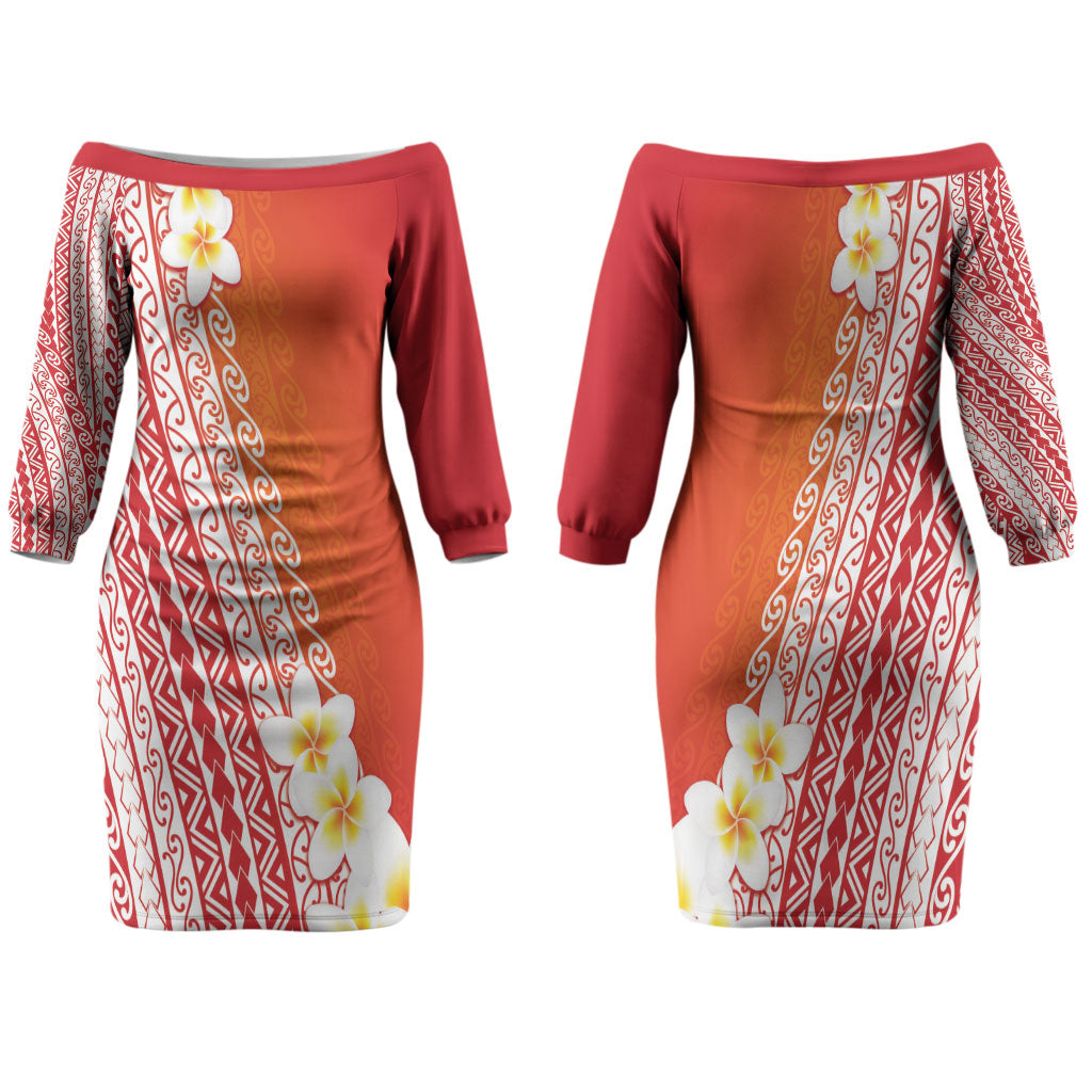 Tahiti Plumeria Tribal Pattern Family Matching Off The Shoulder Long Sleeve Dress and Hawaiian Shirt Wave Style Red LT05 Mom's Dress Red - Polynesian Pride