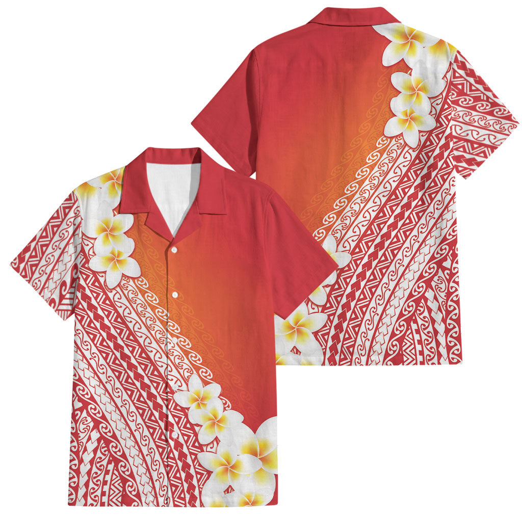 Tahiti Plumeria Tribal Pattern Family Matching Short Sleeve Bodycon Dress and Hawaiian Shirt Wave Style Red LT05 Dad's Shirt - Short Sleeve Red - Polynesian Pride