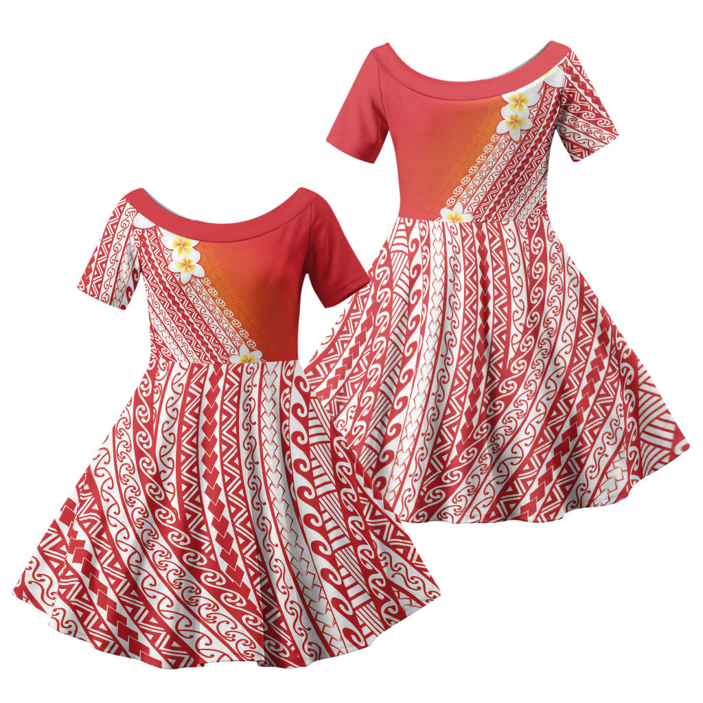Tahiti Plumeria Tribal Pattern Family Matching Short Sleeve Bodycon Dress and Hawaiian Shirt Wave Style Red LT05 Daughter's Dress Red - Polynesian Pride