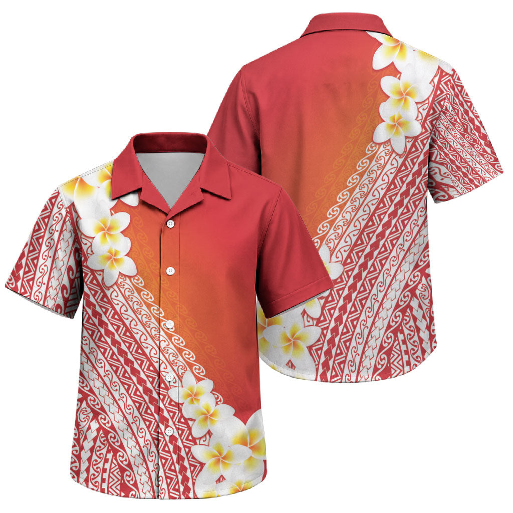 Tahiti Plumeria Tribal Pattern Family Matching Short Sleeve Bodycon Dress and Hawaiian Shirt Wave Style Red LT05 Son's Shirt Red - Polynesian Pride