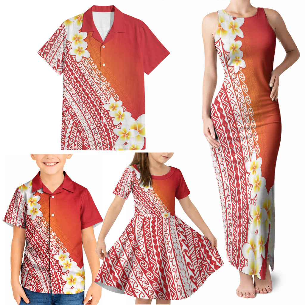 Tahiti Plumeria Tribal Pattern Family Matching Tank Maxi Dress and Hawaiian Shirt Wave Style Red LT05 - Polynesian Pride