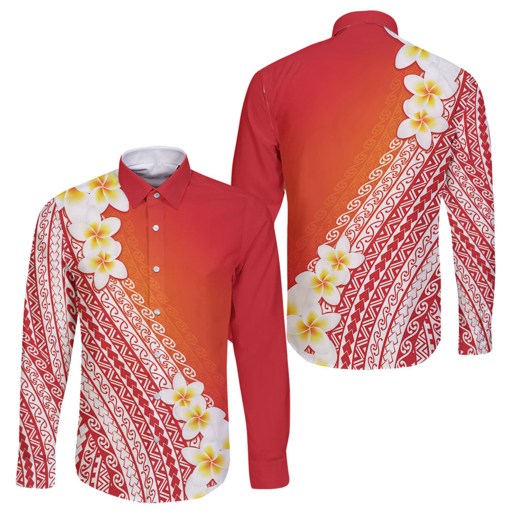 Tahiti Plumeria Tribal Pattern Family Matching Tank Maxi Dress and Hawaiian Shirt Wave Style Red LT05 Dad's Shirt - Long Sleeve Red - Polynesian Pride