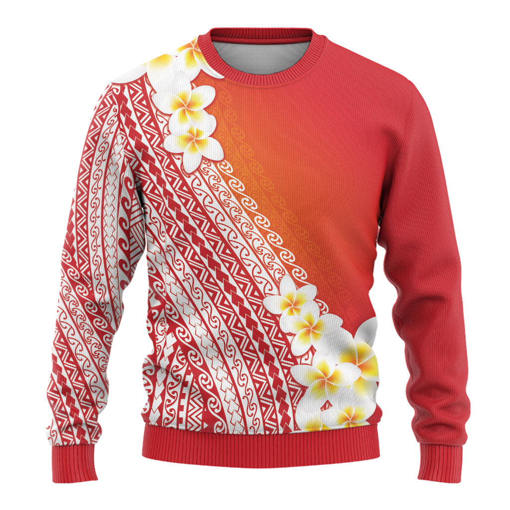 Tahiti Plumeria Tribal Pattern Ugly Christmas Sweater Wave Style Red