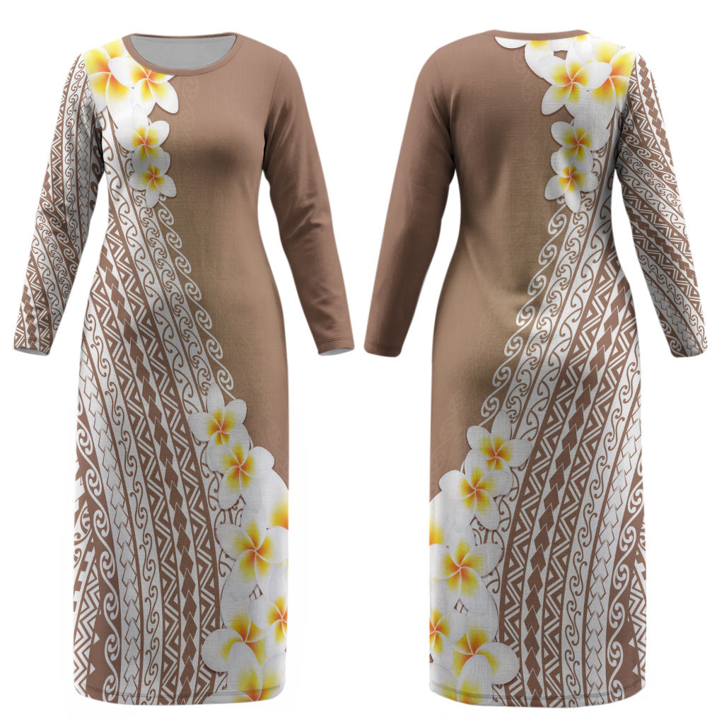Tahiti Plumeria Tribal Pattern Couples Matching Long Sleeve Bodycon Dress and Hawaiian Shirt Wave Style Brown LT05 - Polynesian Pride