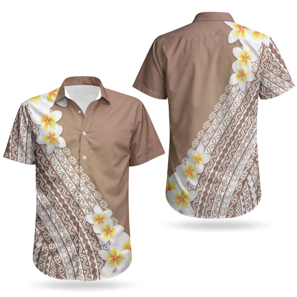 Tahiti Plumeria Tribal Pattern Couples Matching Off Shoulder Maxi Dress and Hawaiian Shirt Wave Style Brown LT05 - Polynesian Pride