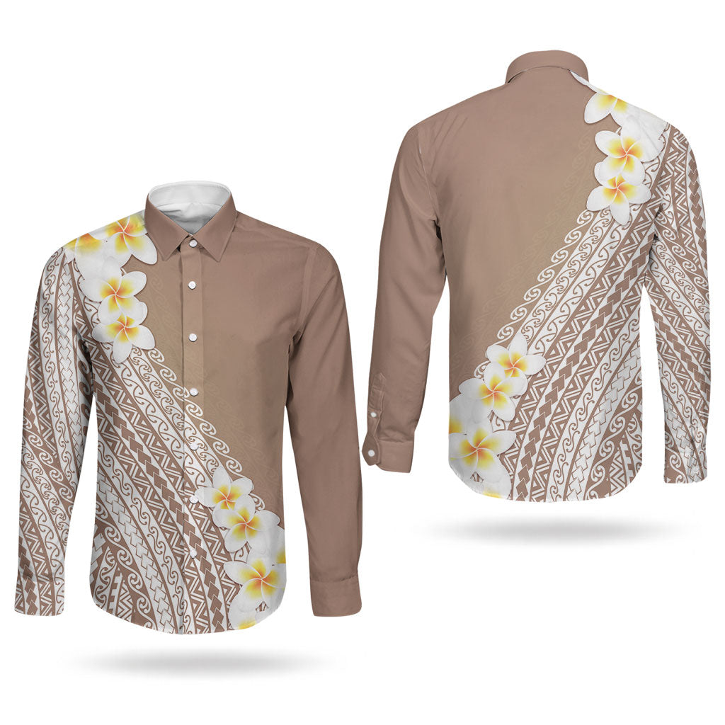 Tahiti Plumeria Tribal Pattern Couples Matching Off Shoulder Maxi Dress and Long Sleeve Button Shirt Wave Style Brown LT05 - Polynesian Pride
