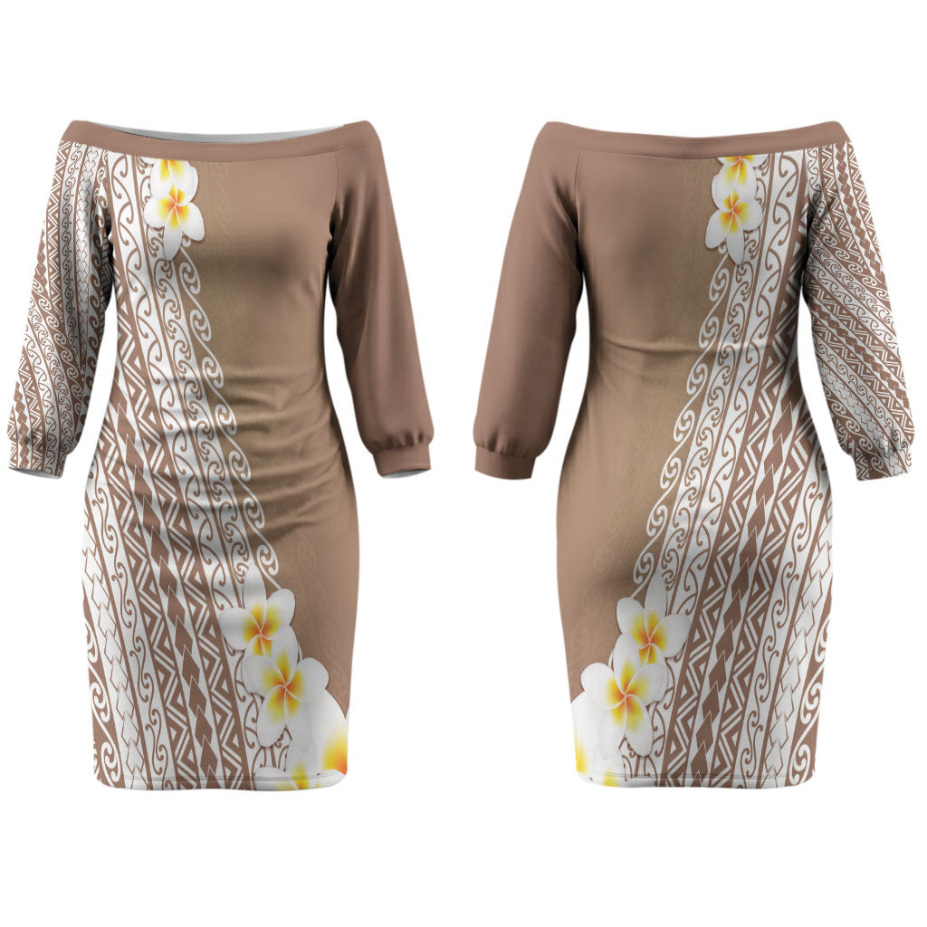Tahiti Plumeria Tribal Pattern Couples Matching Off The Shoulder Long Sleeve Dress and Long Sleeve Button Shirt Wave Style Brown LT05 - Polynesian Pride