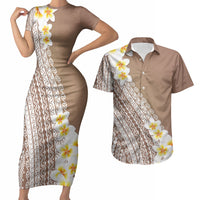 Tahiti Plumeria Tribal Pattern Couples Matching Short Sleeve Bodycon Dress and Hawaiian Shirt Wave Style Brown LT05 Brown - Polynesian Pride