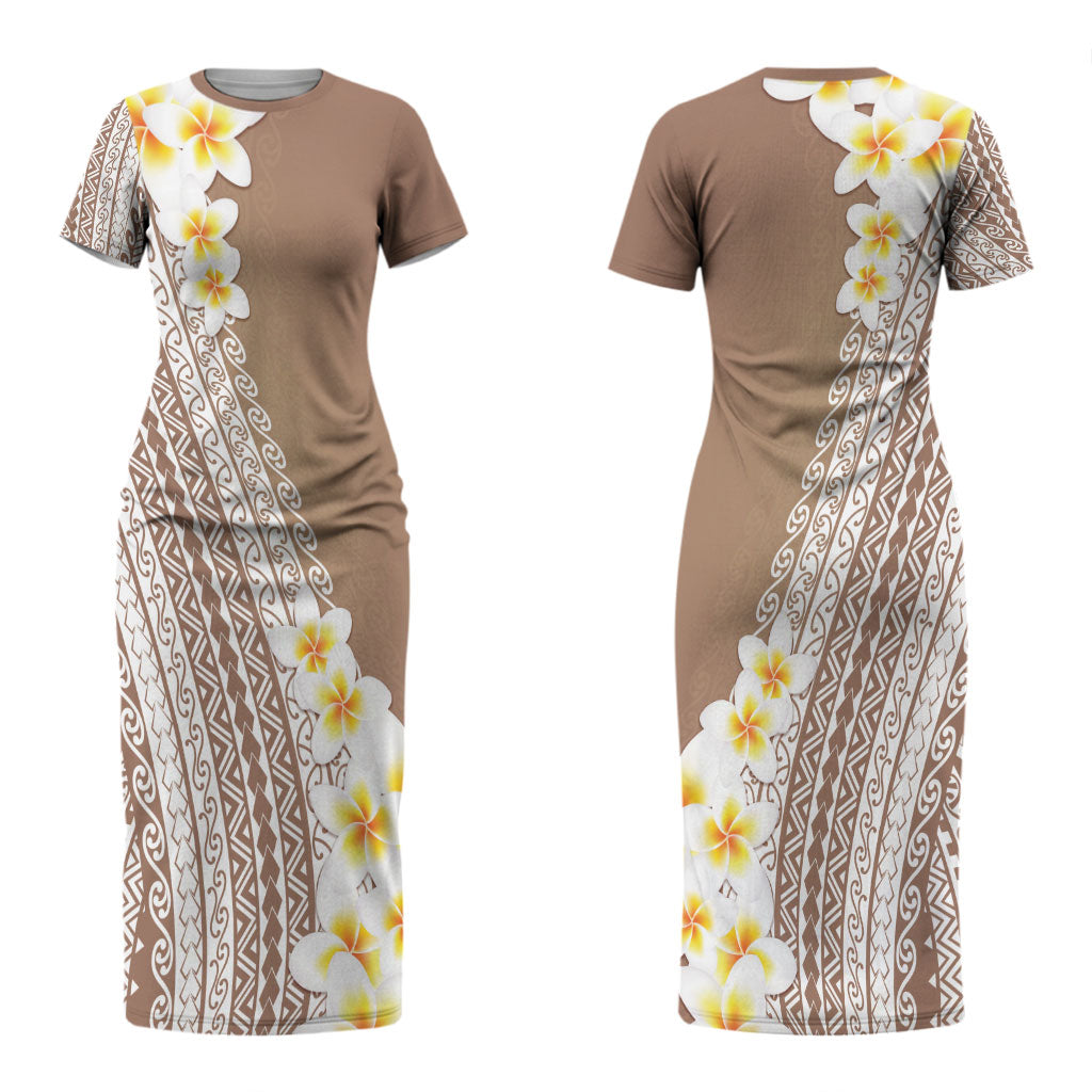 Tahiti Plumeria Tribal Pattern Couples Matching Short Sleeve Bodycon Dress and Hawaiian Shirt Wave Style Brown LT05 - Polynesian Pride