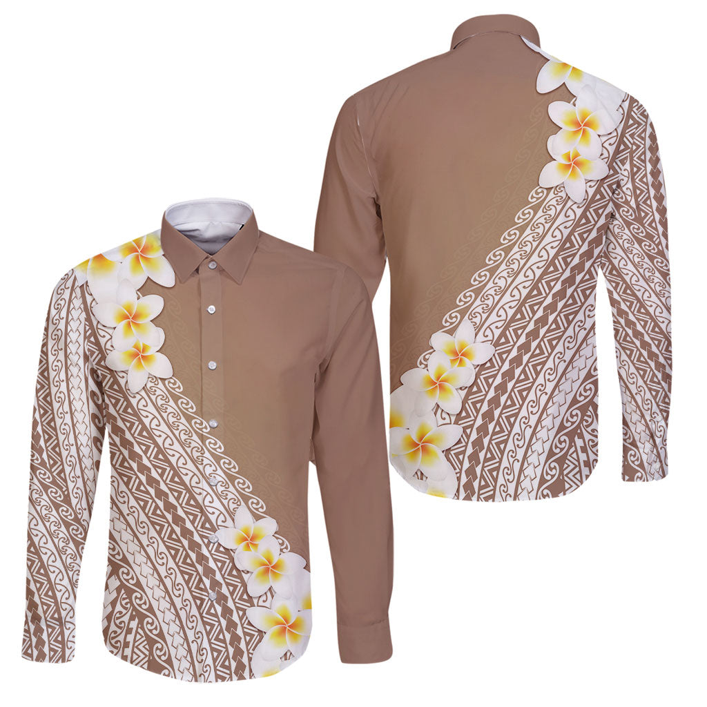 Tahiti Plumeria Tribal Pattern Family Matching Mermaid Dress and Hawaiian Shirt Wave Style Brown LT05 Dad's Shirt - Long Sleeve Brown - Polynesian Pride