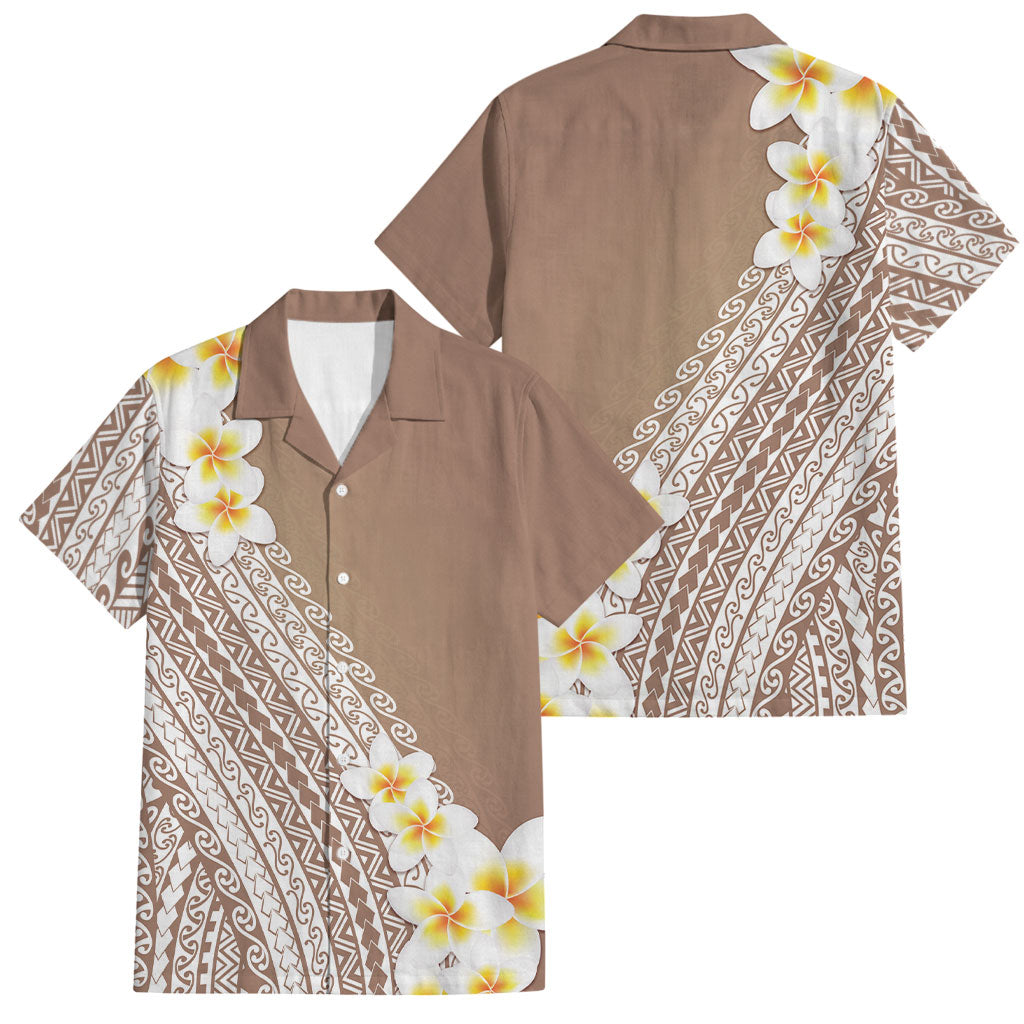 Tahiti Plumeria Tribal Pattern Family Matching Off Shoulder Short Dress and Hawaiian Shirt Wave Style Brown LT05 Dad's Shirt - Short Sleeve Brown - Polynesian Pride