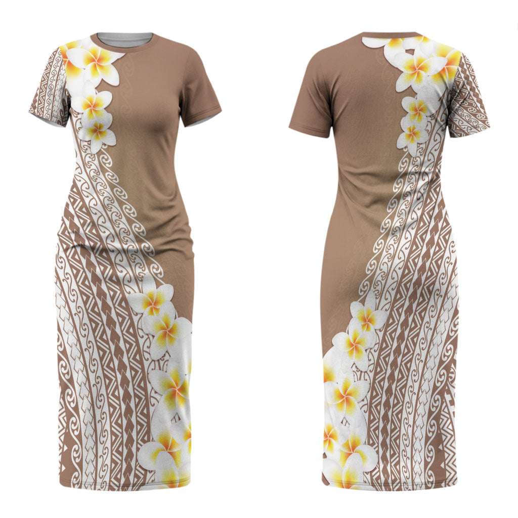 Tahiti Plumeria Tribal Pattern Family Matching Short Sleeve Bodycon Dress and Hawaiian Shirt Wave Style Brown LT05 Mom's Dress Brown - Polynesian Pride
