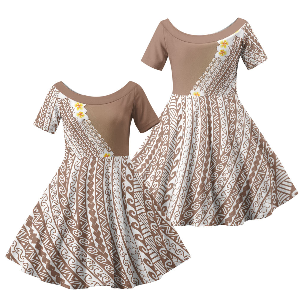 Tahiti Plumeria Tribal Pattern Family Matching Tank Maxi Dress and Hawaiian Shirt Wave Style Brown LT05 Daughter's Dress Brown - Polynesian Pride