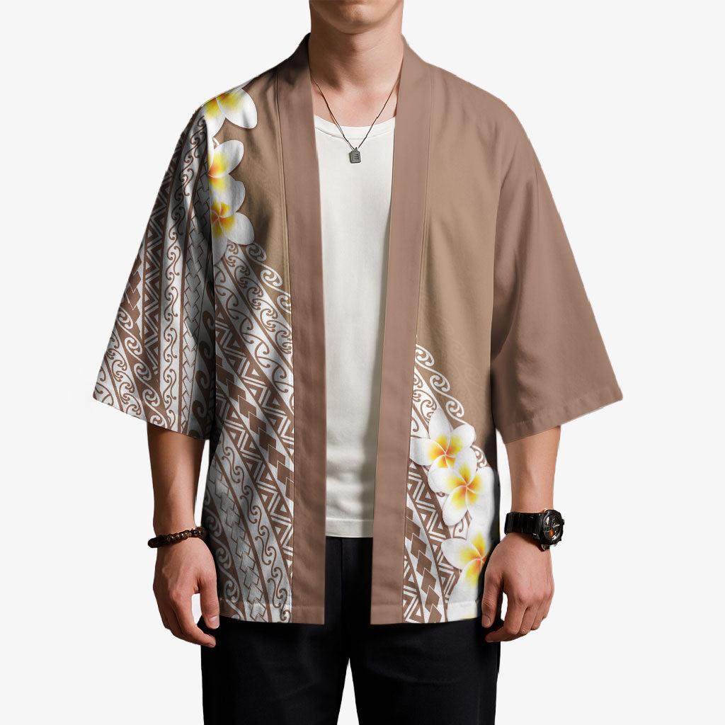 Tahiti Plumeria Tribal Pattern Kimono Wave Style Brown LT05 - Polynesian Pride