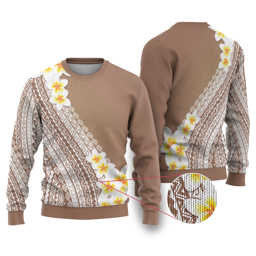 Tahiti Plumeria Tribal Pattern Ugly Christmas Sweater Wave Style Brown