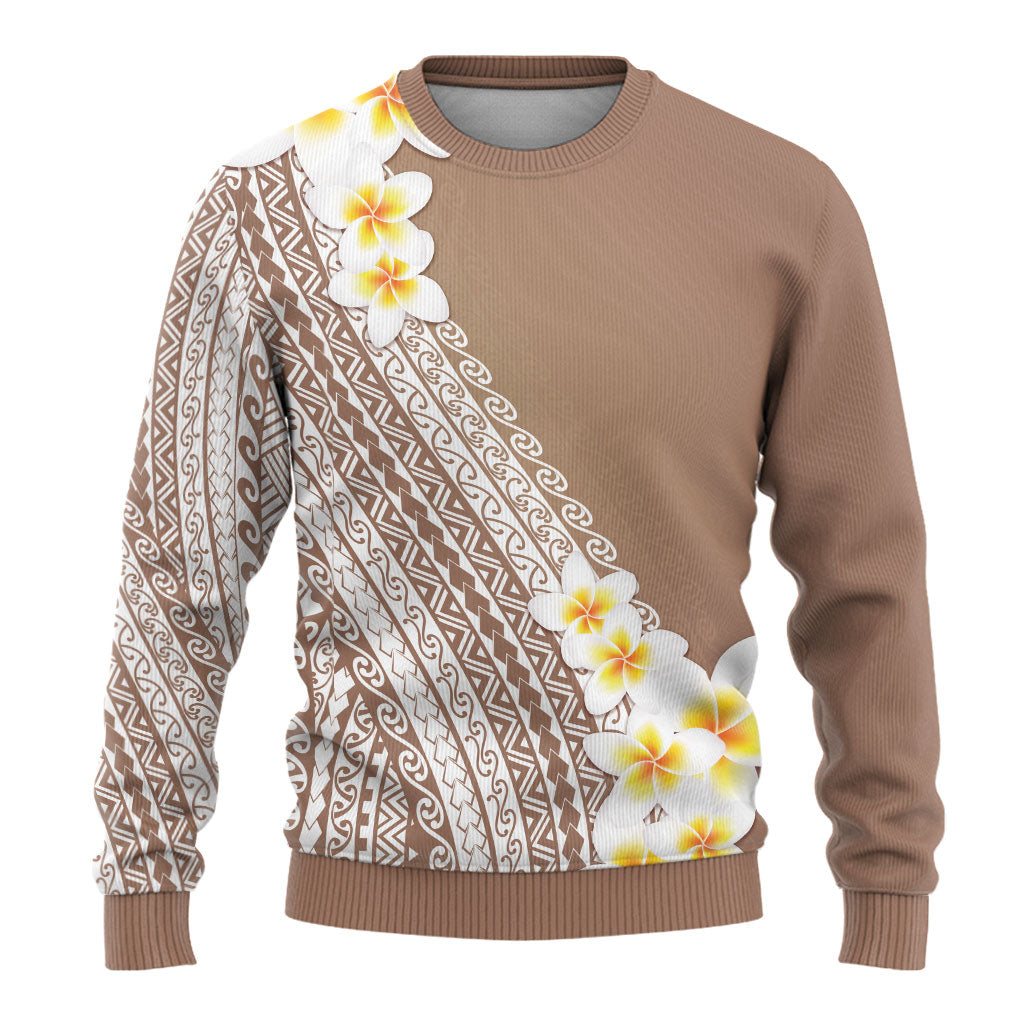 Tahiti Plumeria Tribal Pattern Ugly Christmas Sweater Wave Style Brown