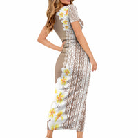 Tahiti Plumeria Tribal Pattern Short Sleeve Bodycon Dress Wave Style Brown LT05 - Polynesian Pride