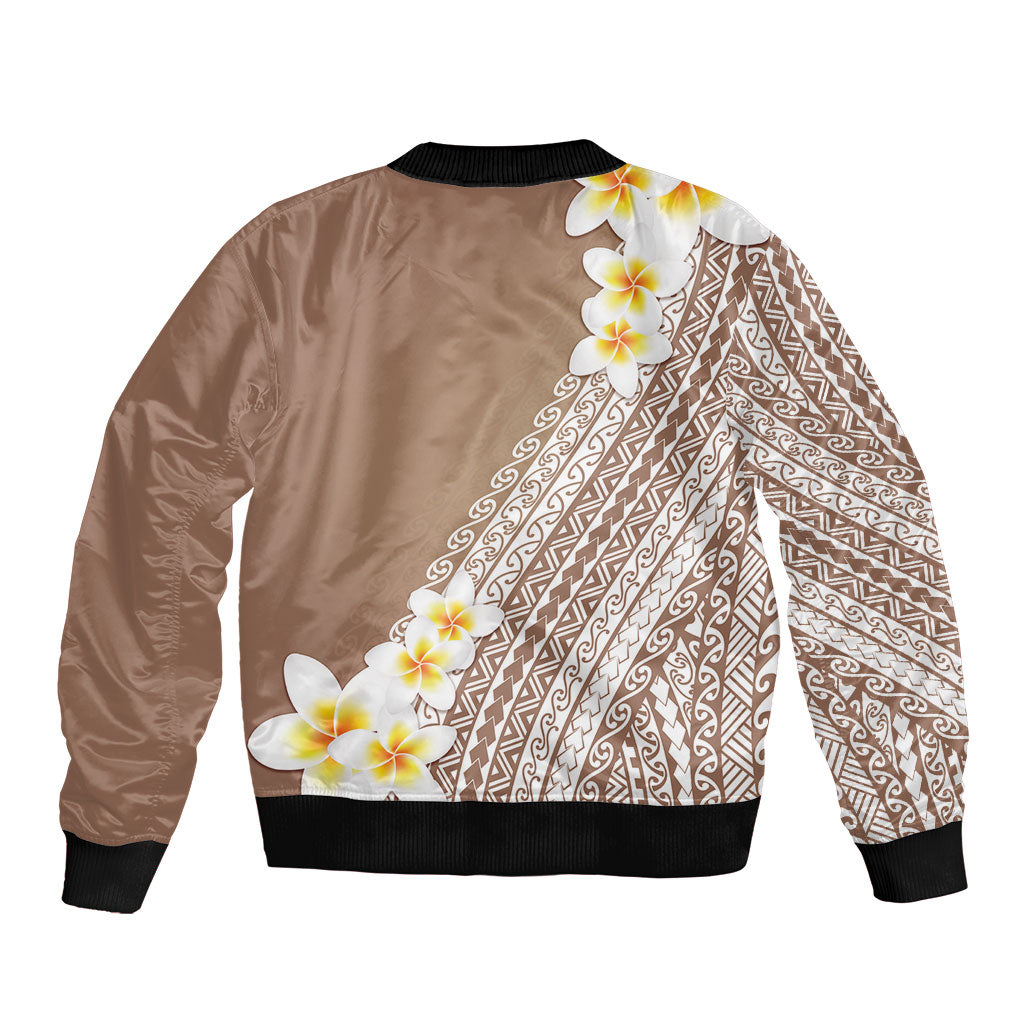 Tahiti Plumeria Tribal Pattern Sleeve Zip Bomber Jacket Wave Style Brown LT05 - Polynesian Pride