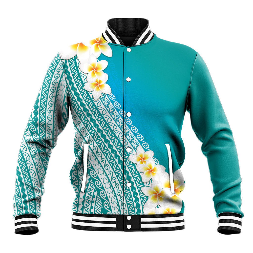 Tahiti Plumeria Tribal Pattern Baseball Jacket Wave Style Turquoise LT05 Unisex Turquoise - Polynesian Pride