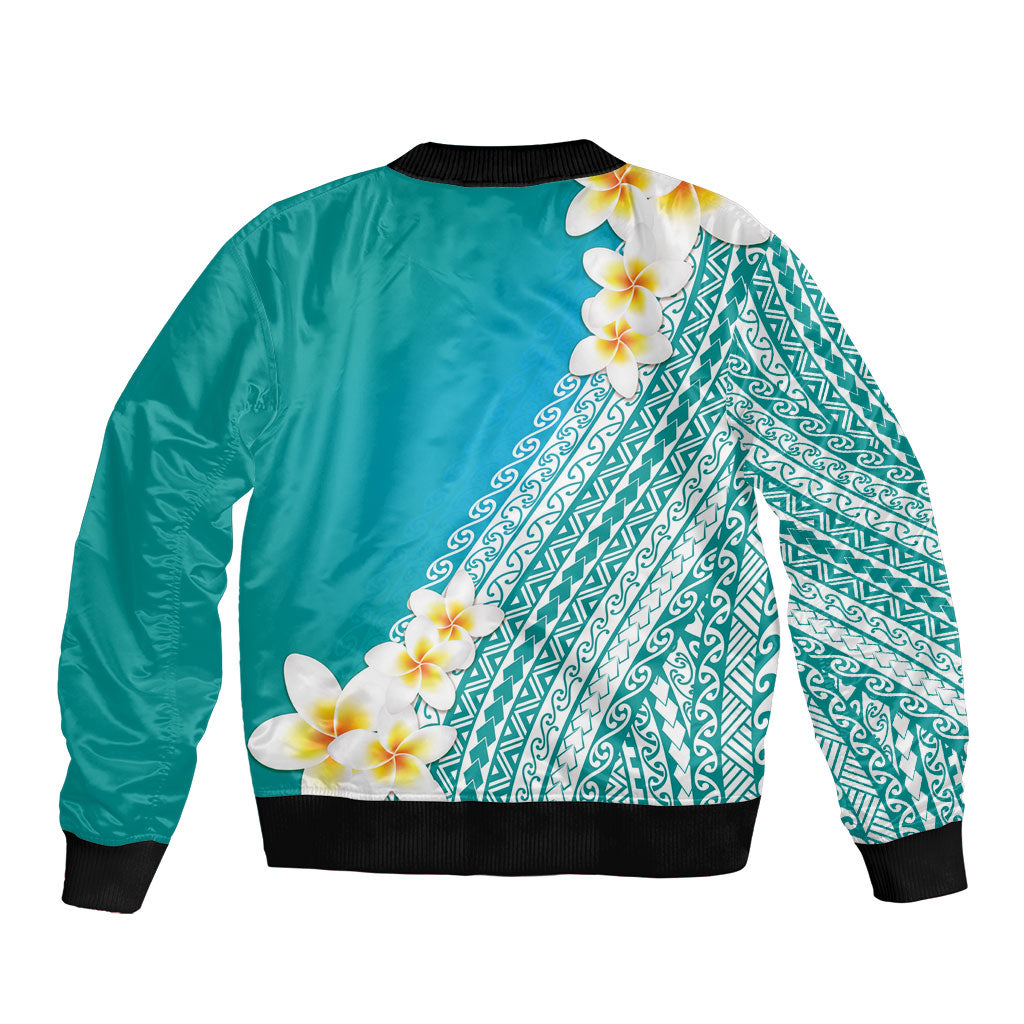 Tahiti Plumeria Tribal Pattern Bomber Jacket Wave Style Turquoise LT05 - Polynesian Pride
