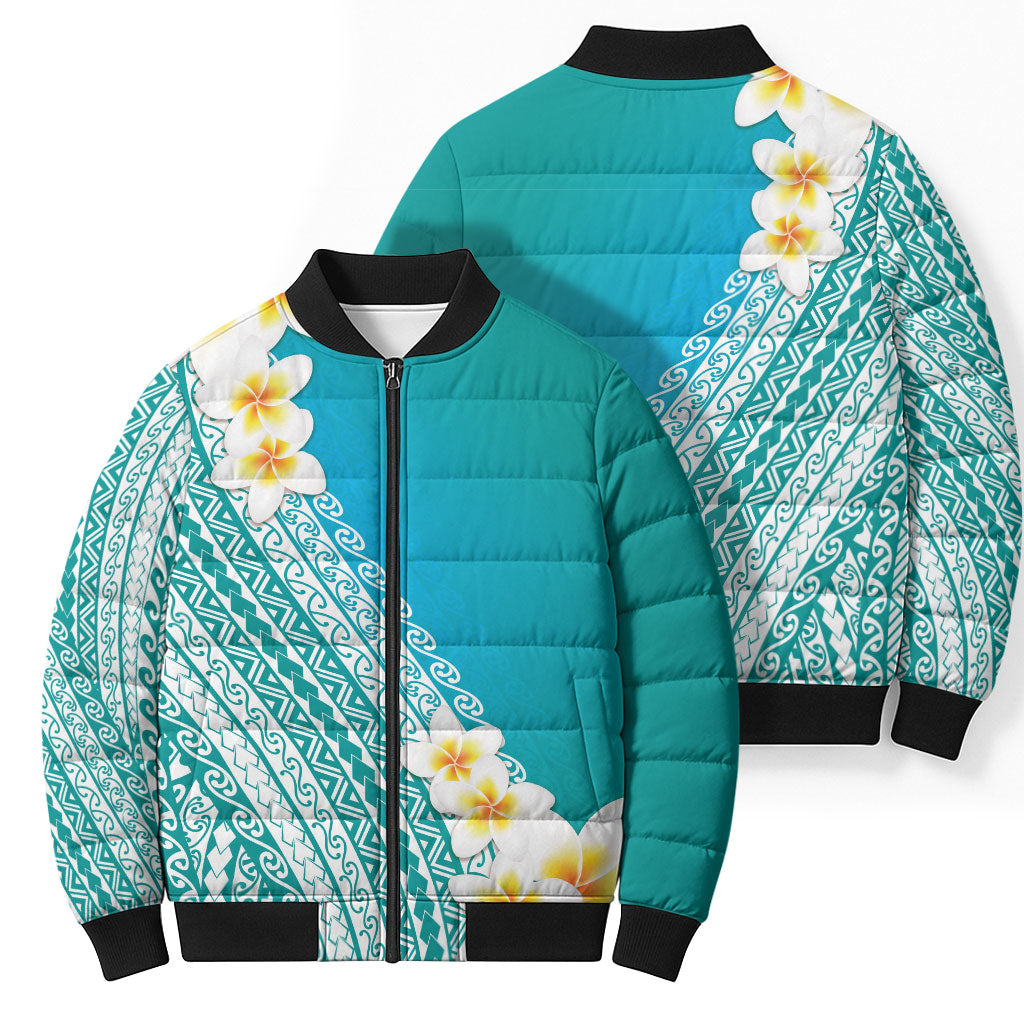 Tahiti Plumeria Tribal Pattern Bomber Puffer Jacket Wave Style Turquoise LT05 - Polynesian Pride