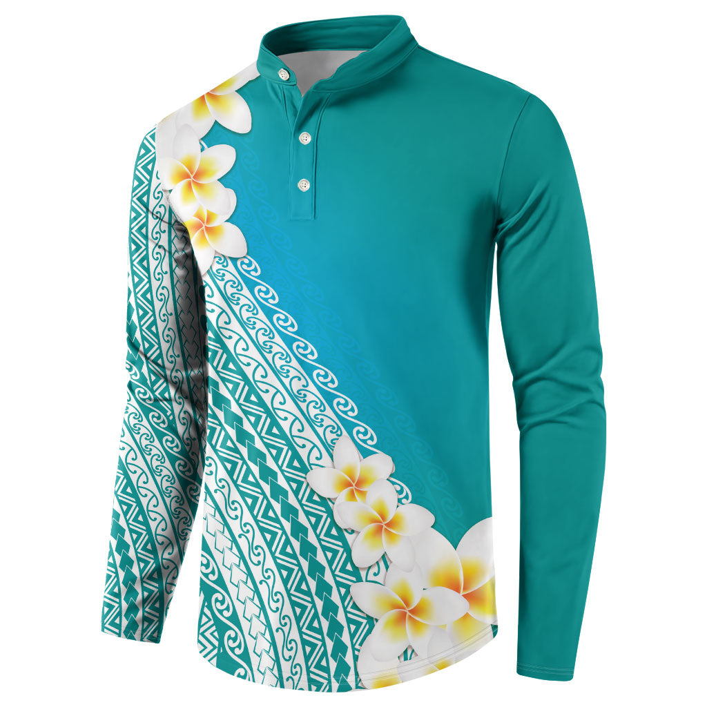 Tahiti Plumeria Tribal Pattern Button Sweatshirt Wave Style Turquoise LT05 - Polynesian Pride