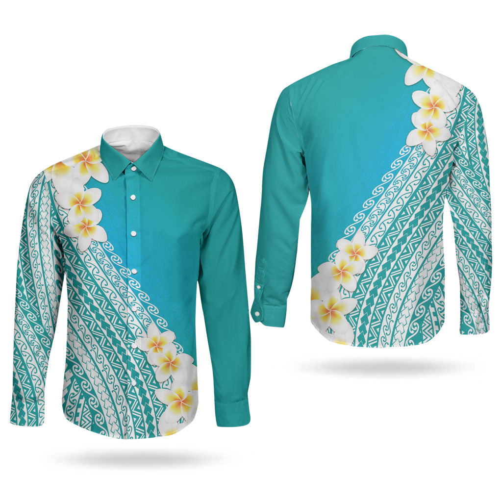 Tahiti Plumeria Tribal Pattern Couples Matching Off Shoulder Maxi Dress and Long Sleeve Button Shirt Wave Style Turquoise LT05 - Polynesian Pride