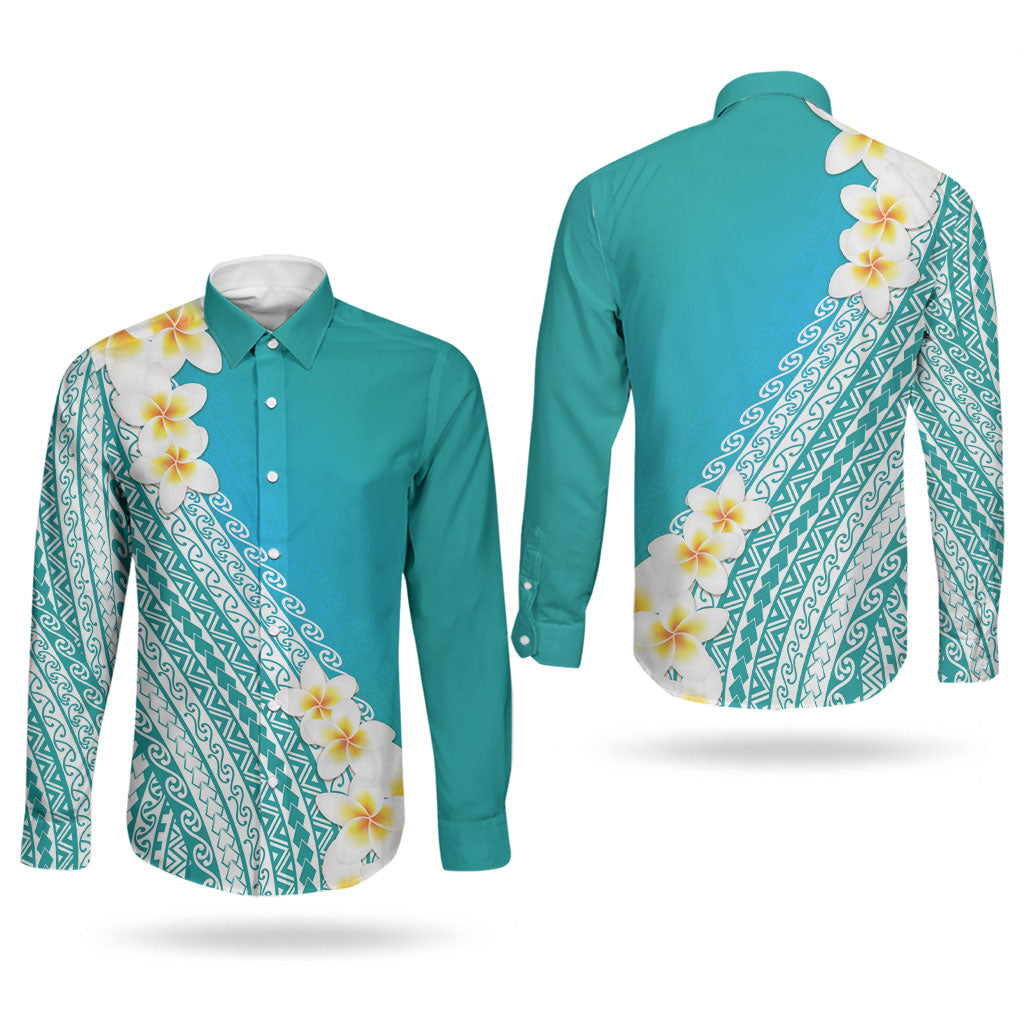 Tahiti Plumeria Tribal Pattern Couples Matching Short Sleeve Bodycon Dress and Long Sleeve Button Shirt Wave Style Turquoise LT05 - Polynesian Pride