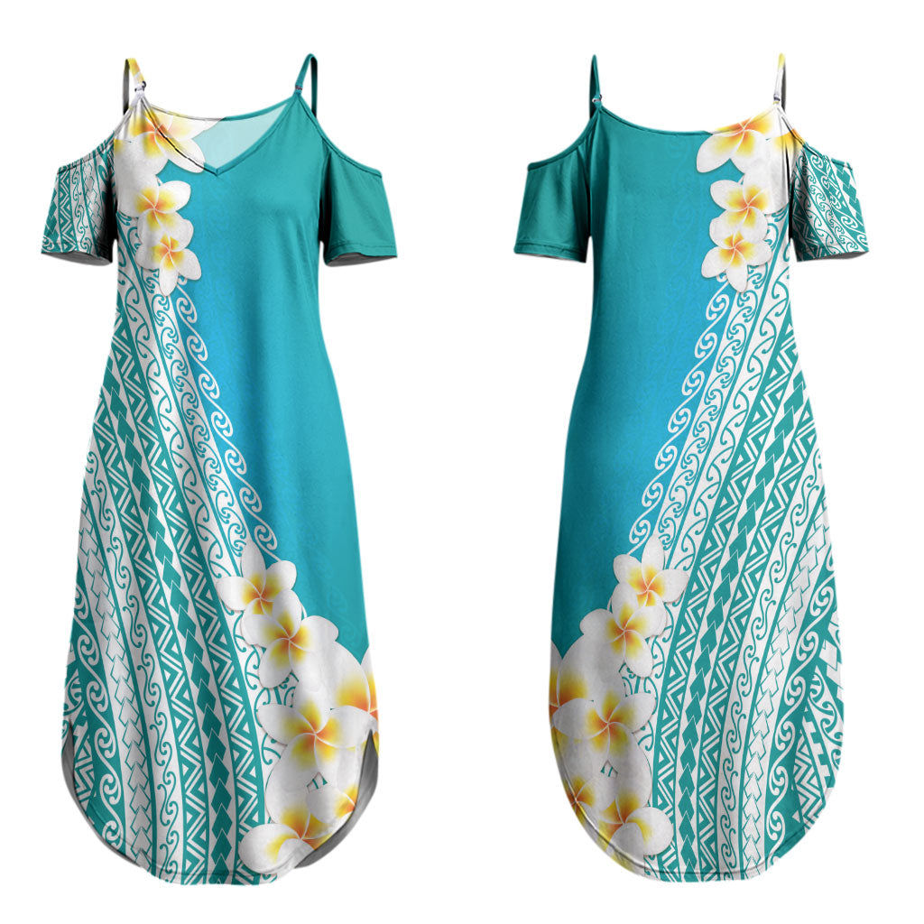 Tahiti Plumeria Tribal Pattern Couples Matching Summer Maxi Dress and Long Sleeve Button Shirt Wave Style Turquoise LT05 - Polynesian Pride