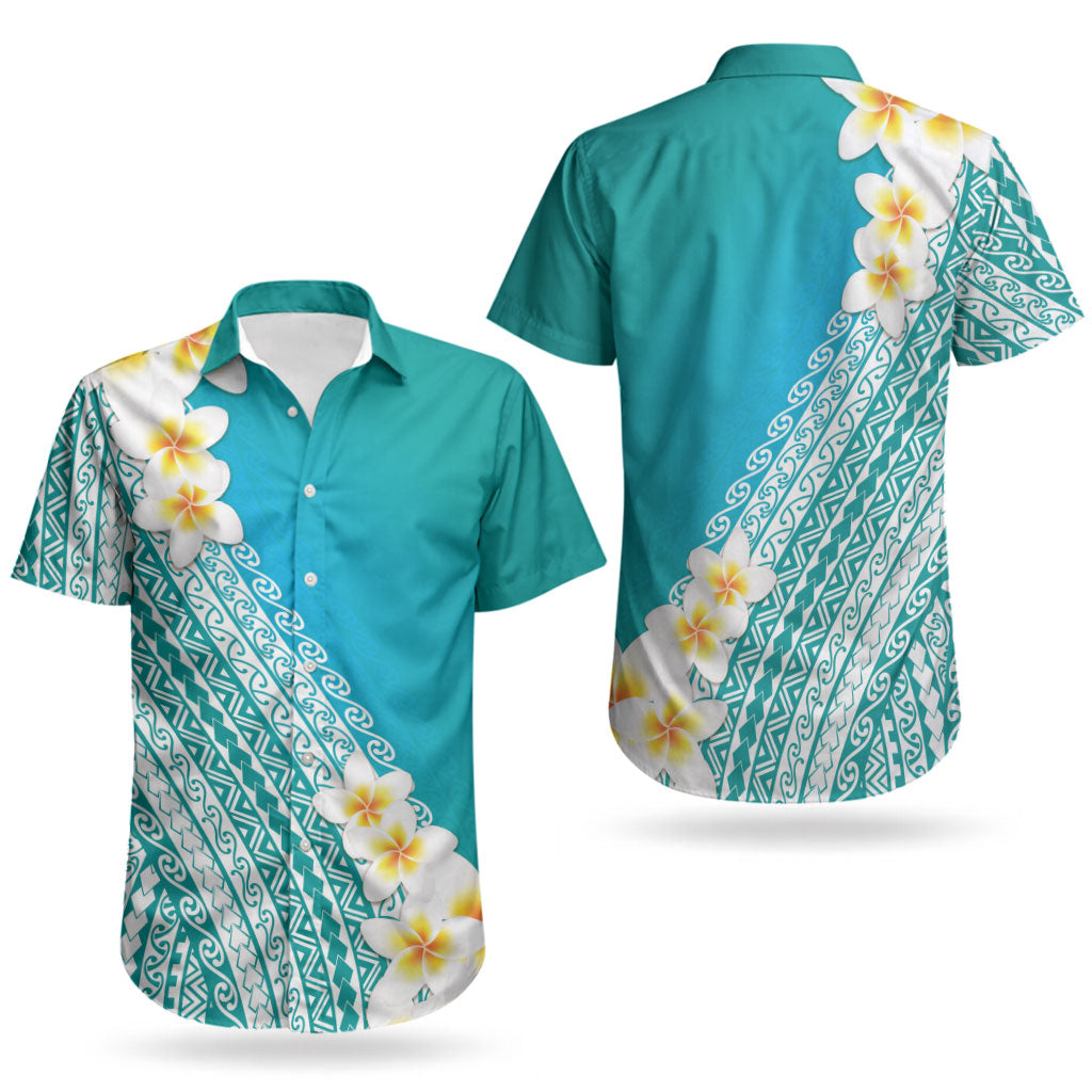 Tahiti Plumeria Tribal Pattern Couples Matching Tank Maxi Dress and Hawaiian Shirt Wave Style Turquoise LT05 - Polynesian Pride