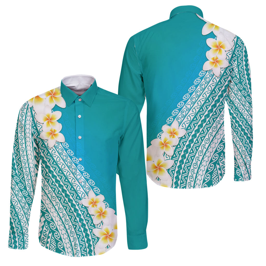 Tahiti Plumeria Tribal Pattern Family Matching Off The Shoulder Long Sleeve Dress and Hawaiian Shirt Wave Style Turquoise LT05 Dad's Shirt - Long Sleeve Turquoise - Polynesian Pride
