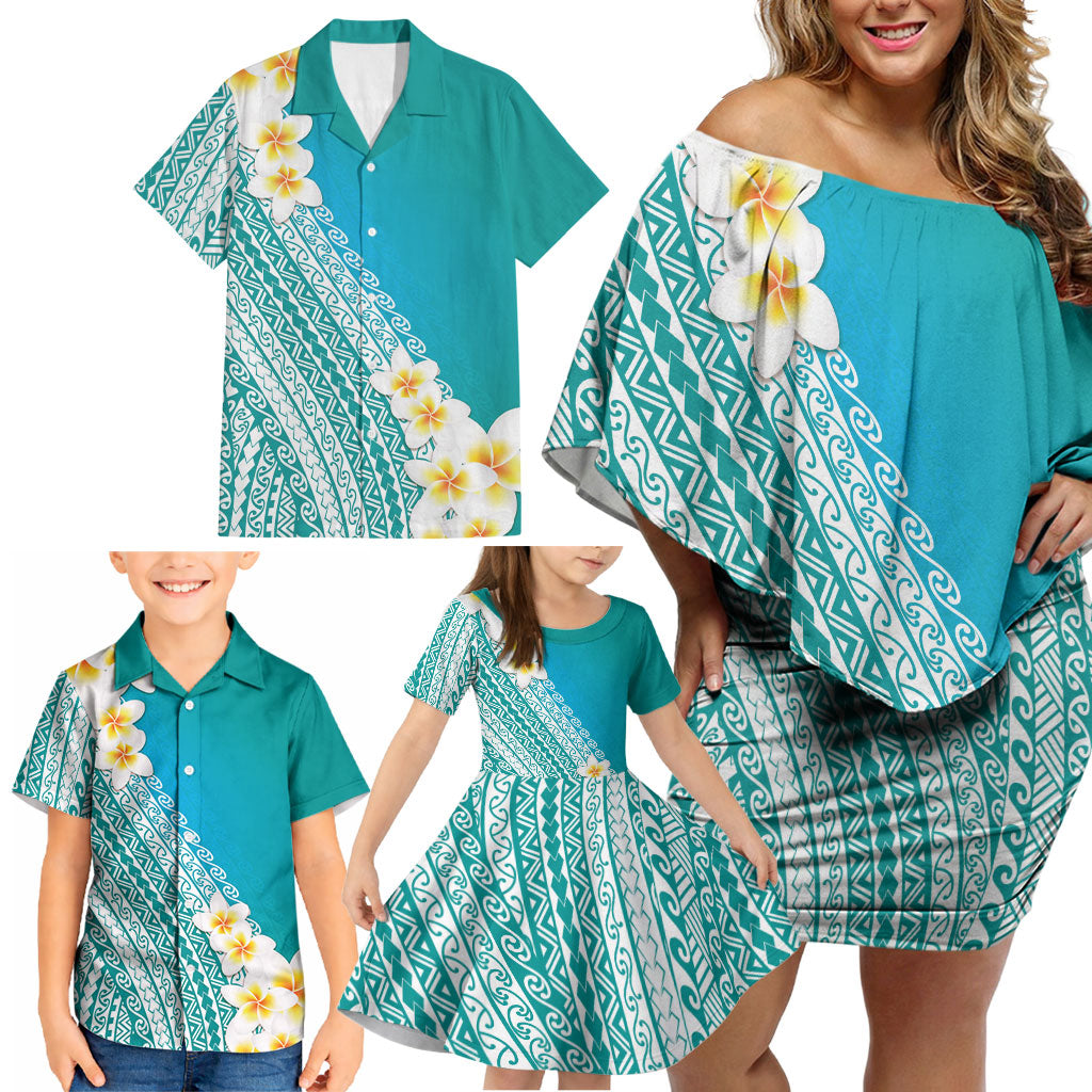 Tahiti Plumeria Tribal Pattern Family Matching Off Shoulder Short Dress and Hawaiian Shirt Wave Style Turquoise LT05 - Polynesian Pride