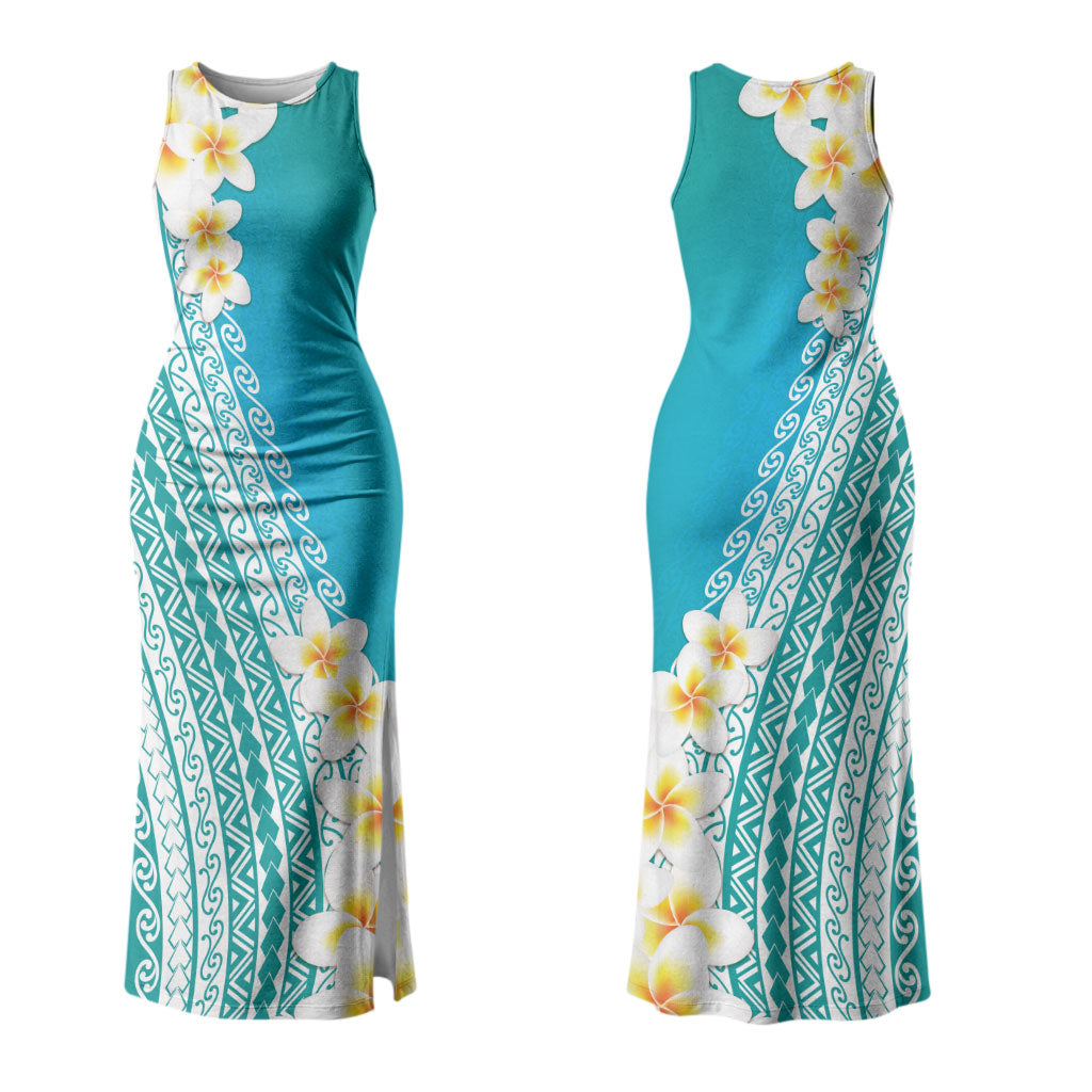 Tahiti Plumeria Tribal Pattern Family Matching Tank Maxi Dress and Hawaiian Shirt Wave Style Turquoise LT05 Mom's Dress Turquoise - Polynesian Pride