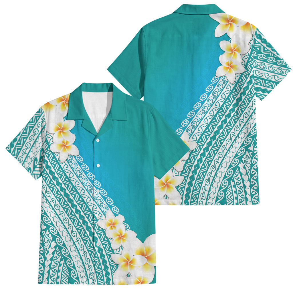 Tahiti Plumeria Tribal Pattern Family Matching Tank Maxi Dress and Hawaiian Shirt Wave Style Turquoise LT05 Dad's Shirt - Short Sleeve Turquoise - Polynesian Pride